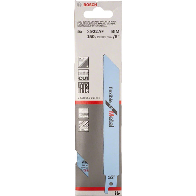 BOSCH S922AF 6" RECIP SAW BLADE FLEXIBLE FOR METAL 5PK