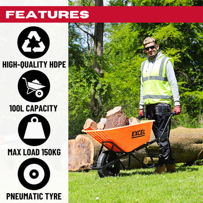 EXCEL 30372 100L WHEELBARROW HEAVY DUTY STEEL FRAME HDPE