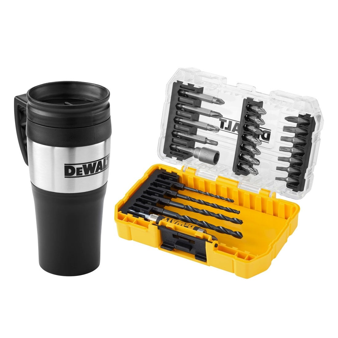 DEWALT 25 PIECE DRILL DRIVER SET C/W THERMAL MUG