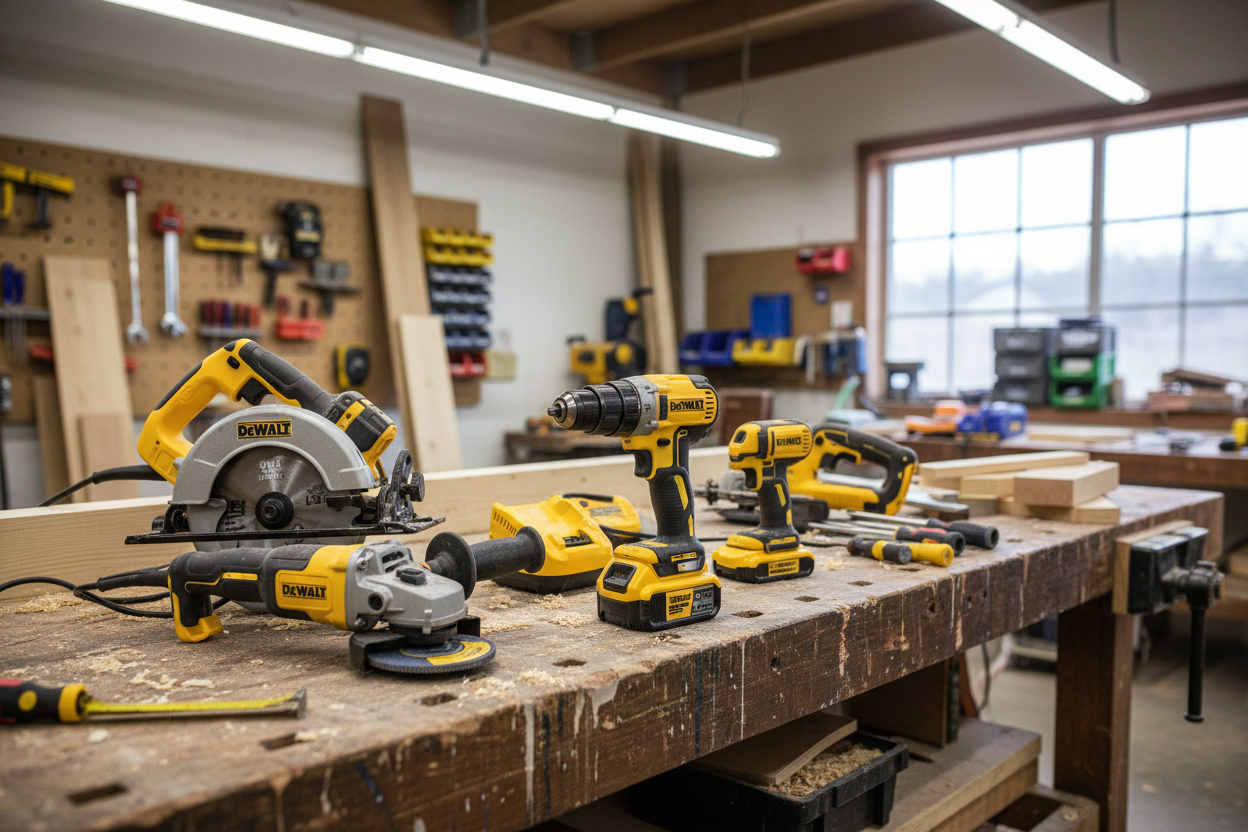 generate an image of a load of Dewalt tools on a work bench
