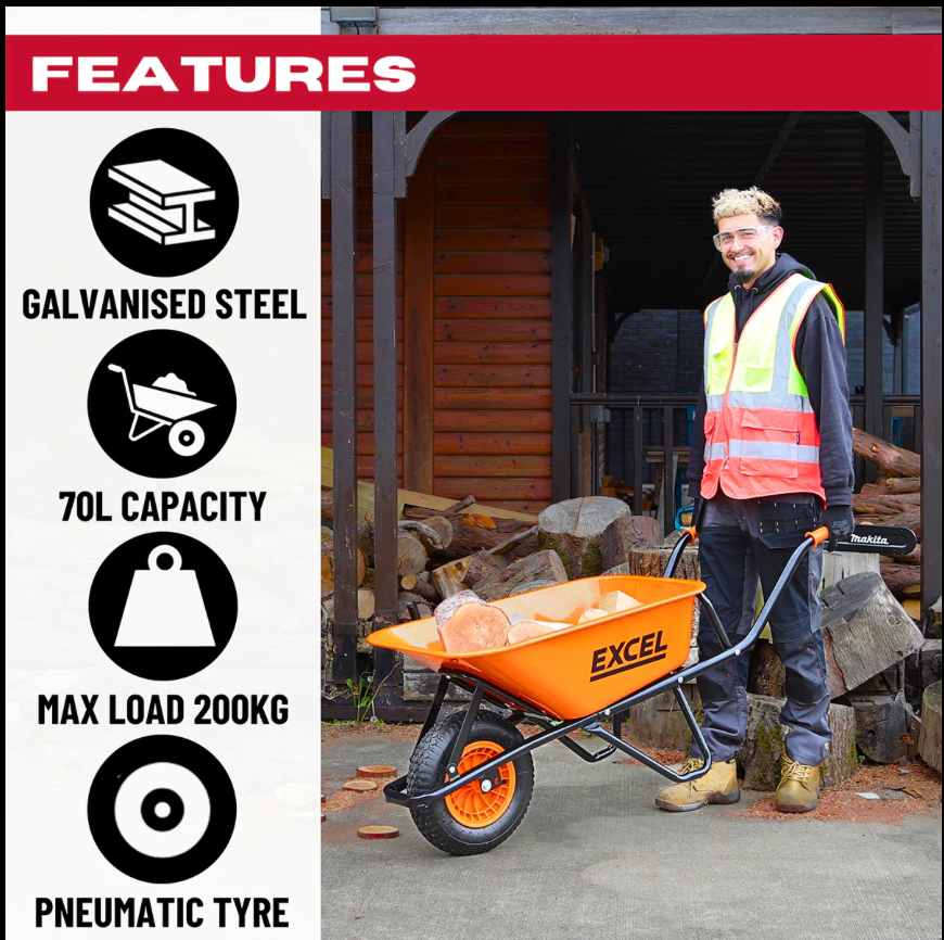 EXCEL 30808 70L WHEELBARROW WITH GALV STEEL TRAY
